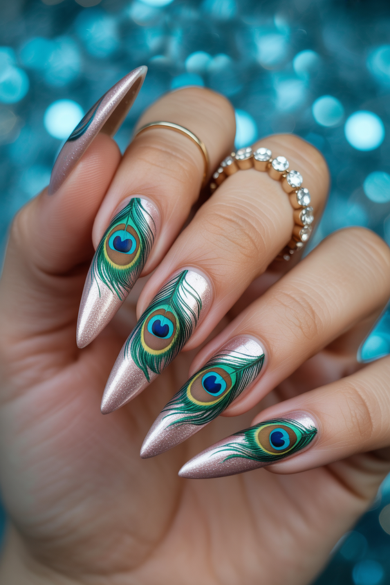wedding nails for bride Peacock-Inspired Almond Nails with Metallic Glow