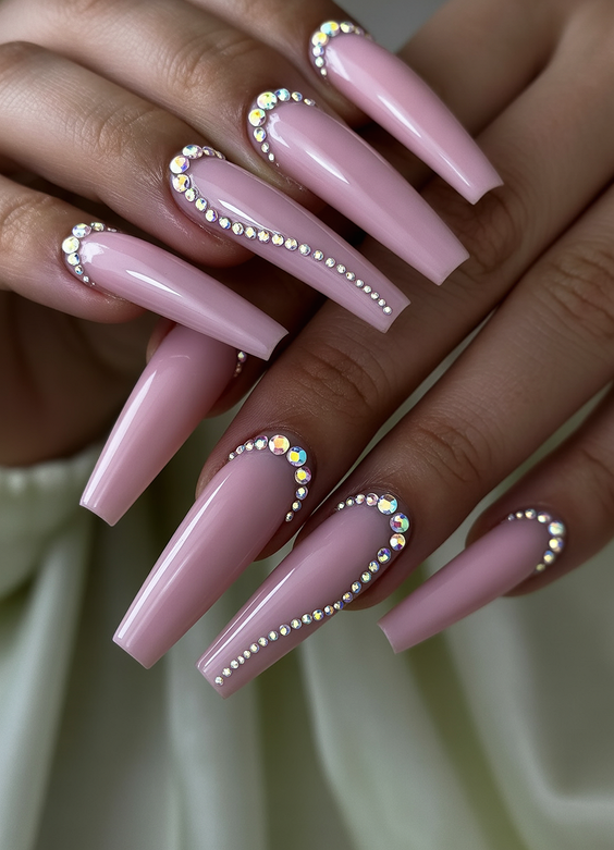 wedding nails for bride Blush Pink Coffin Nails with Crystal Outlines