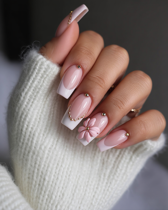wedding nails for bride Soft French Square Nails with Floral Accent Art