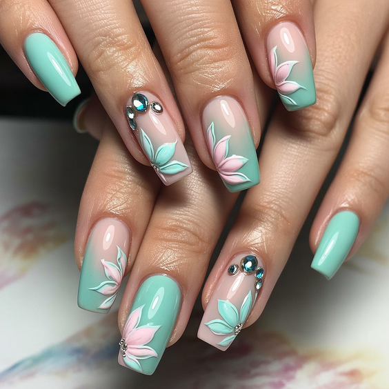 wedding nails for bride Mint Green Bridal Nails with Soft Floral Art