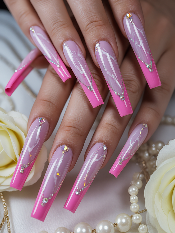 wedding nails for bride Hot Pink Ombre Coffin Nails with Crystal Lines