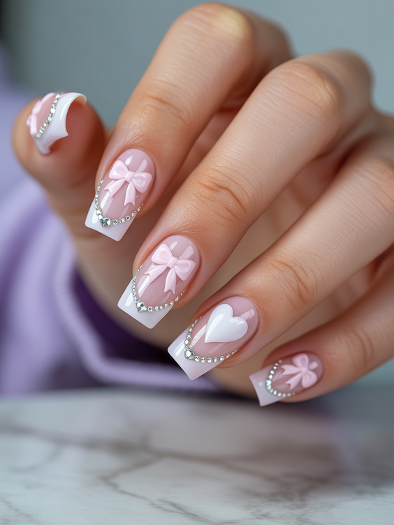 wedding nails for bride Romantic French Square Nails with Bows and Heart Art