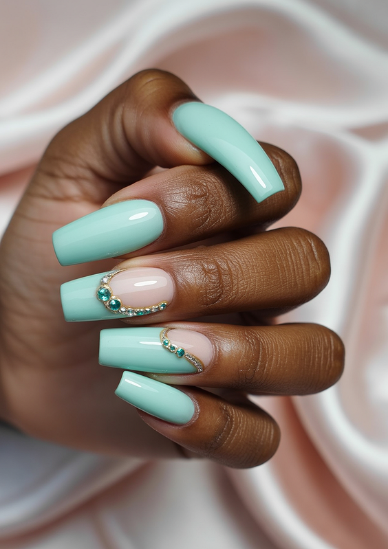 wedding nails for bride Soft Mint Coffin Nails with Crystal Curve Accents