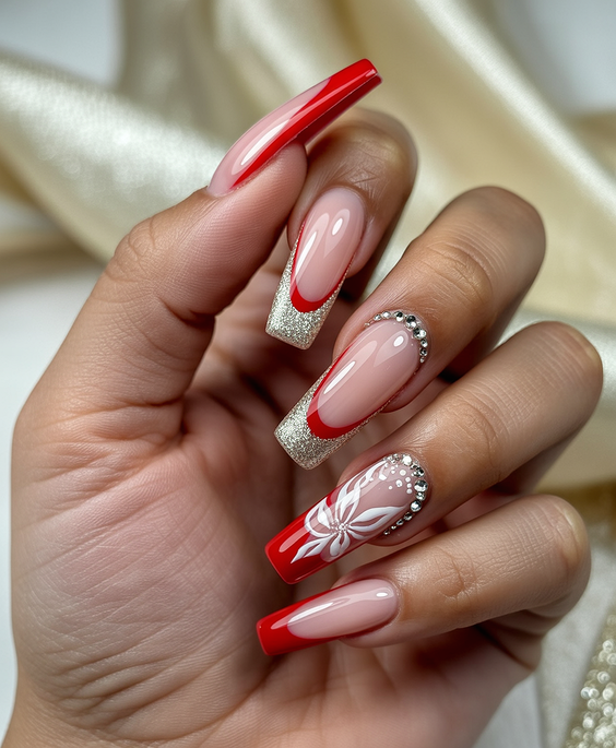 wedding nails for bride Red French Bridal Nails with Modern Glam