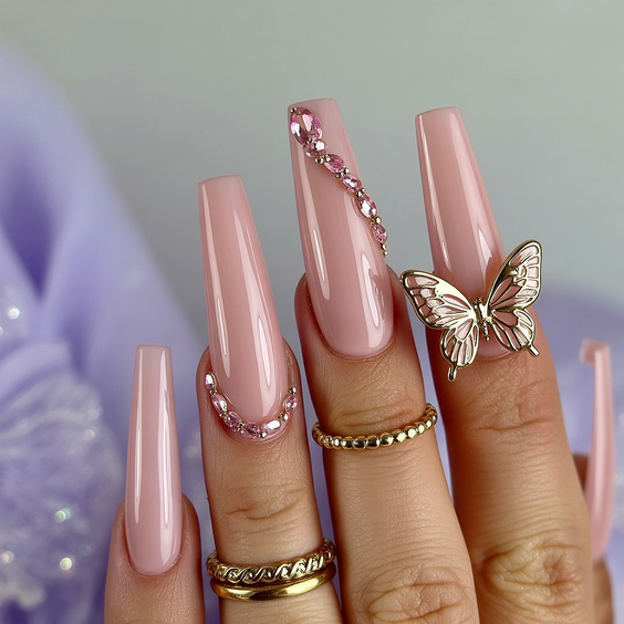 wedding nails for bride Blush Pink Coffin Nails with Butterfly Accent
