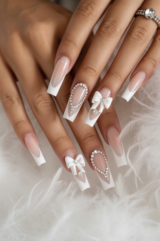 wedding nails for bride Classic White Coffin Nails with Pearl Details