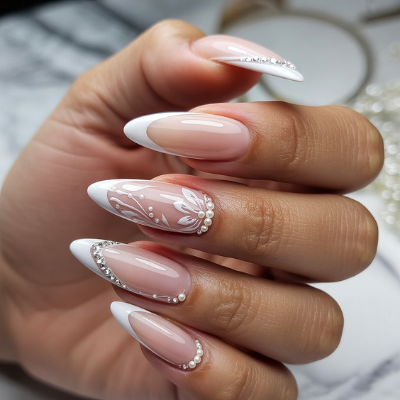 wedding nails for bride French Almond Nails with Floral and Crystal Details