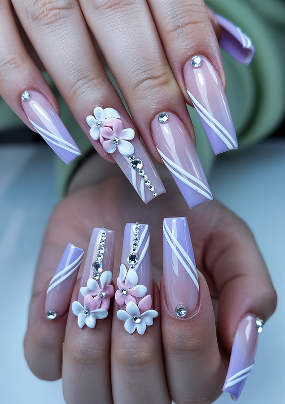 wedding nails for bride Lavender Bridal Nails with Floral Sculpted Art