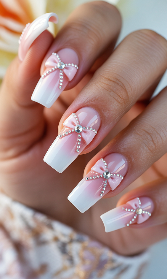 wedding nails for bride Blush Ombre Nails with Crystal Bow Accents