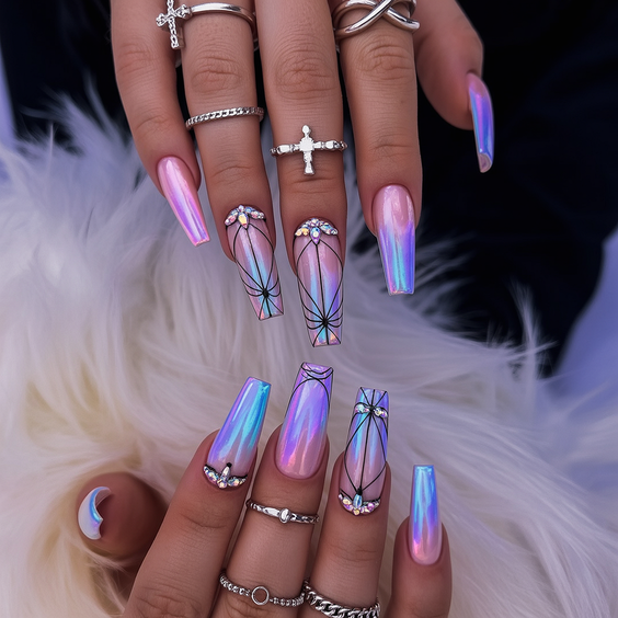 wedding nails for bride Holographic Bridal Nails with Graphic Line Art