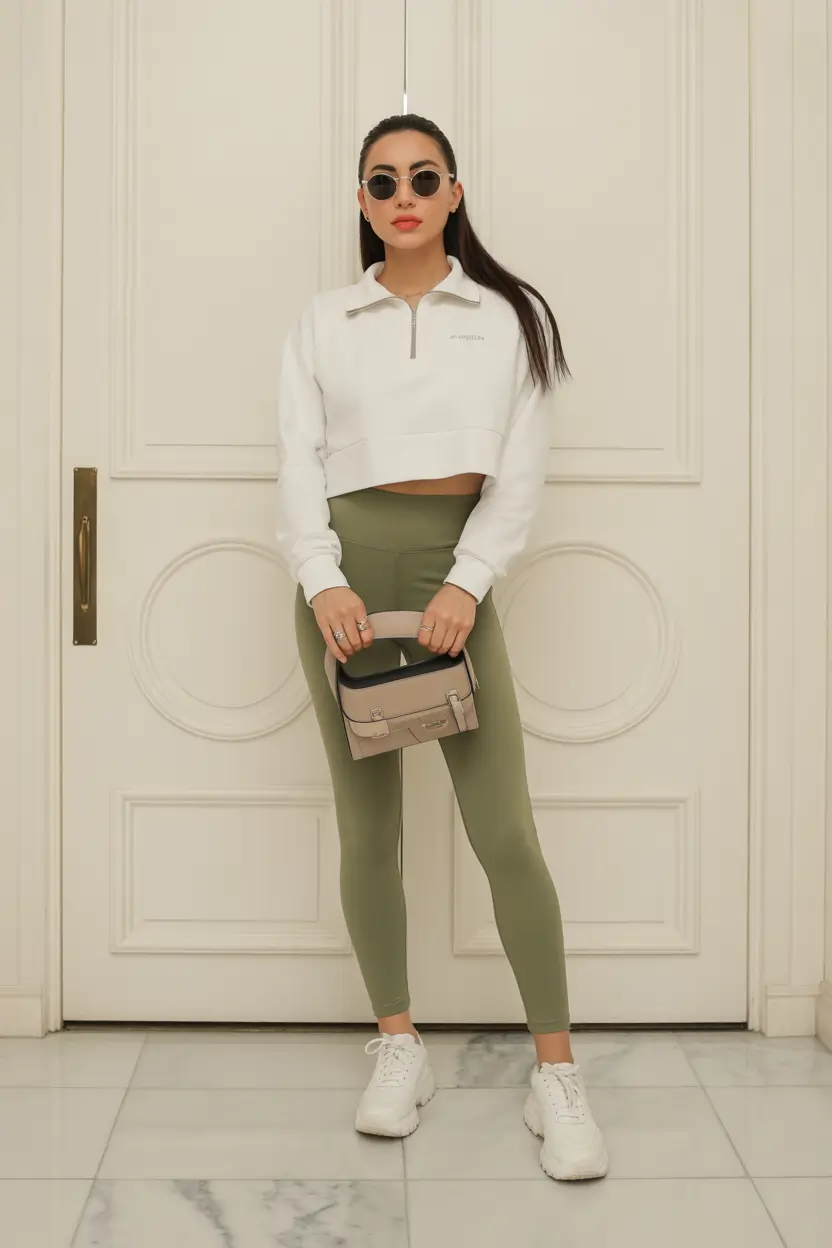 athleisure spring sport outfits for women 2026 clean white crops and olive leggings balance