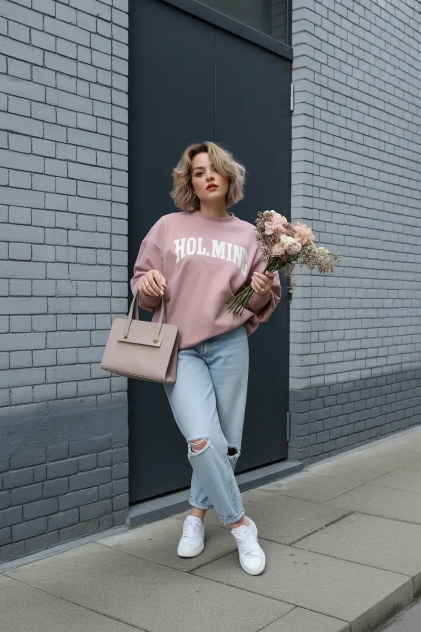 midsize spring outfits 2026 soft denim blush layers