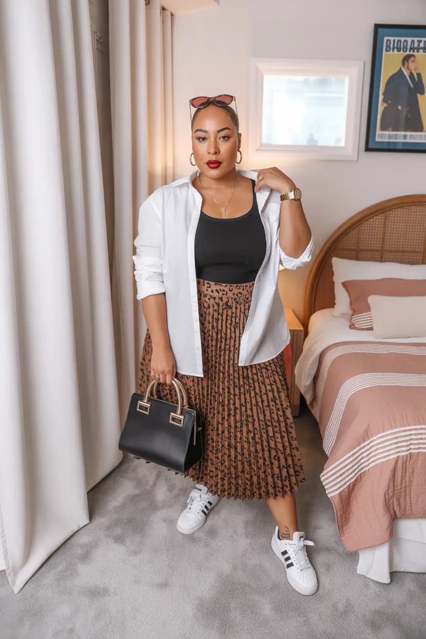 midsize spring outfits 2026 black white skirt