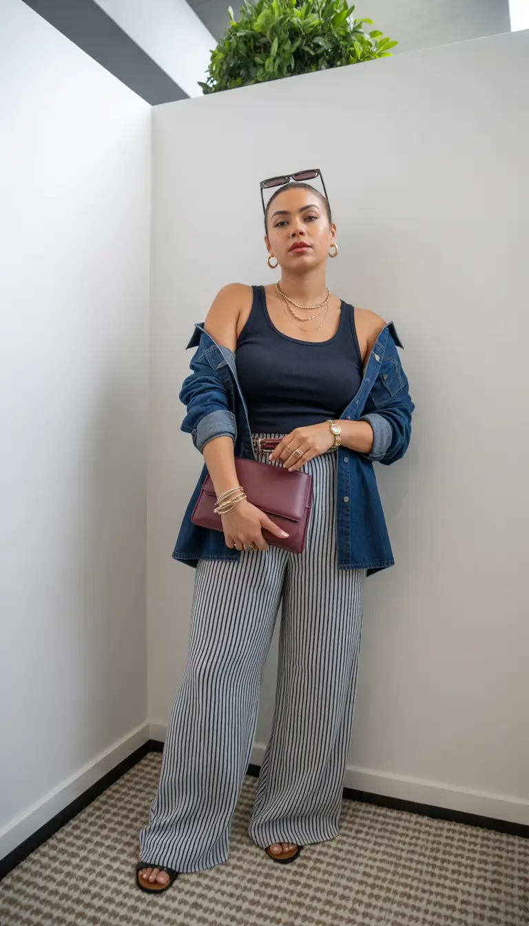 midsize spring outfits 2026 casual denim stripes