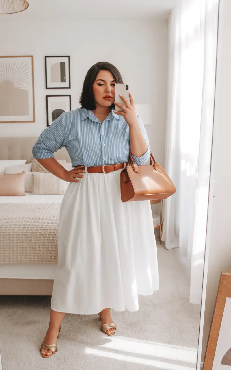 midsize spring outfits 2026 skirt blue shirt