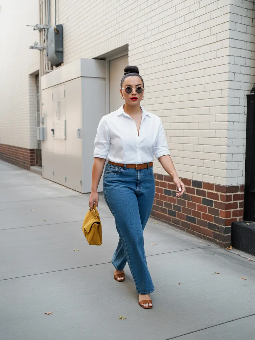 midsize spring outfits 2026 jeans classic white shirt