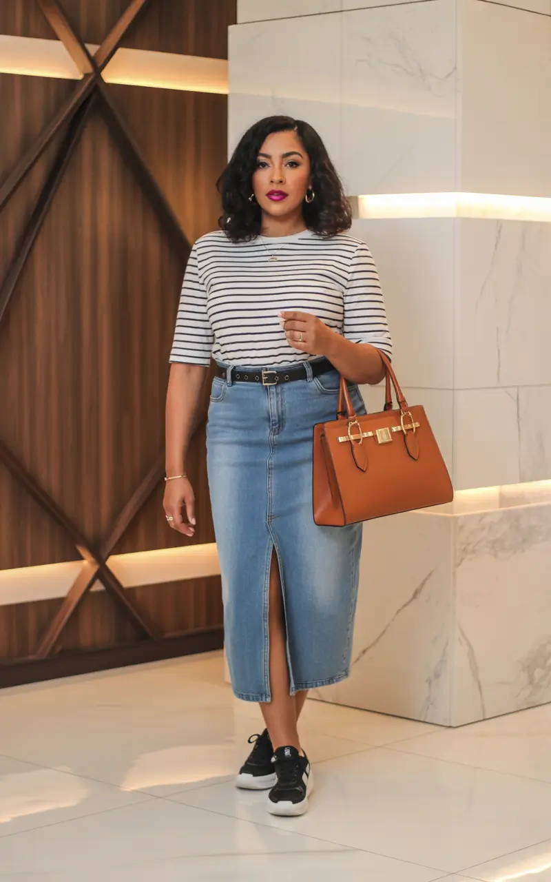 midsize spring outfits 2026 striped top denim skirt