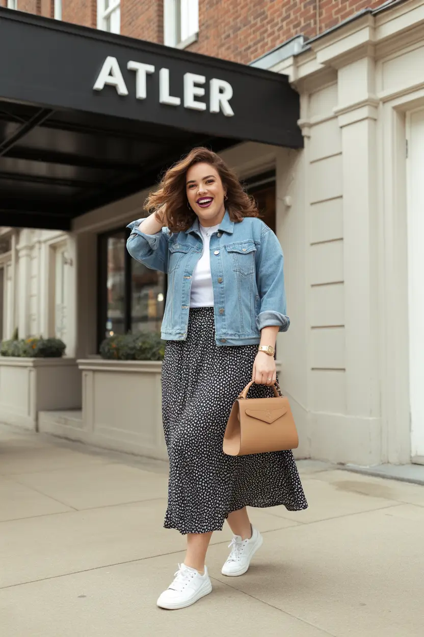 midsize spring outfits 2026 casual denim jacket skirt