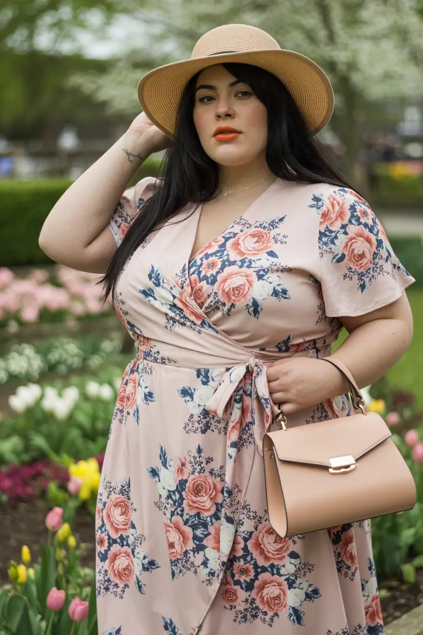 beautiful plus size spring outfits 2026 floral wrap 17