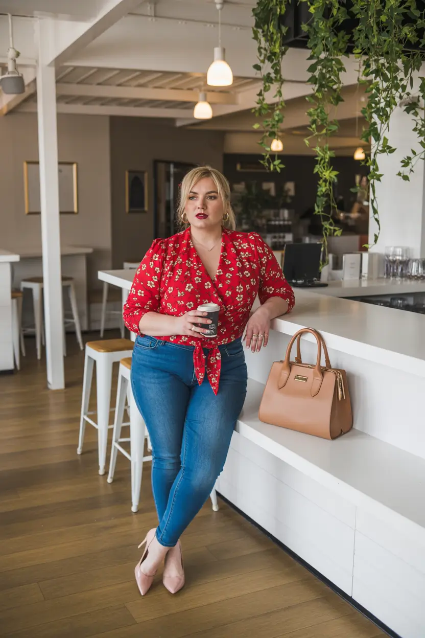 beautiful plus size spring outfits 2026 denim floral top 18
