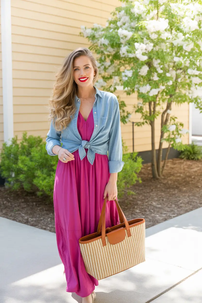 spring school outfits 2026 flowy dress denim layer