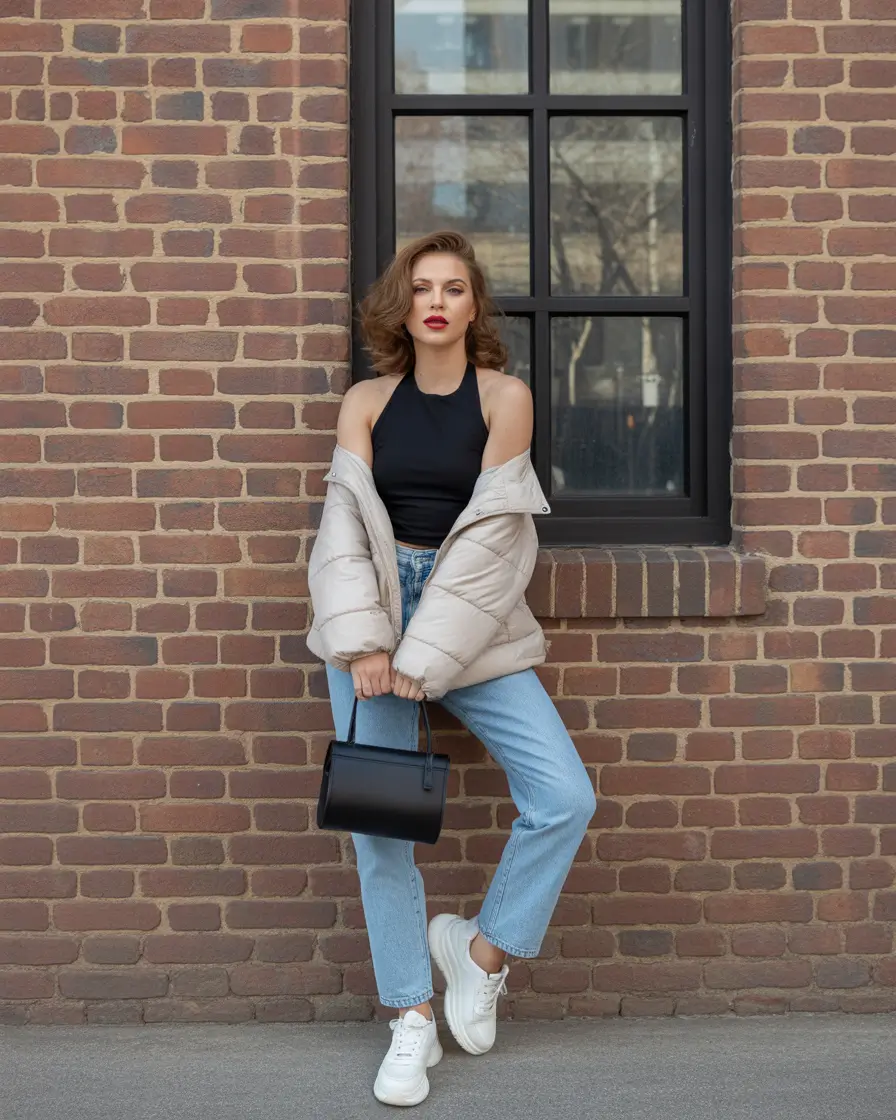 bohemian spring transition outfits 2026 vibes-puffer-denim