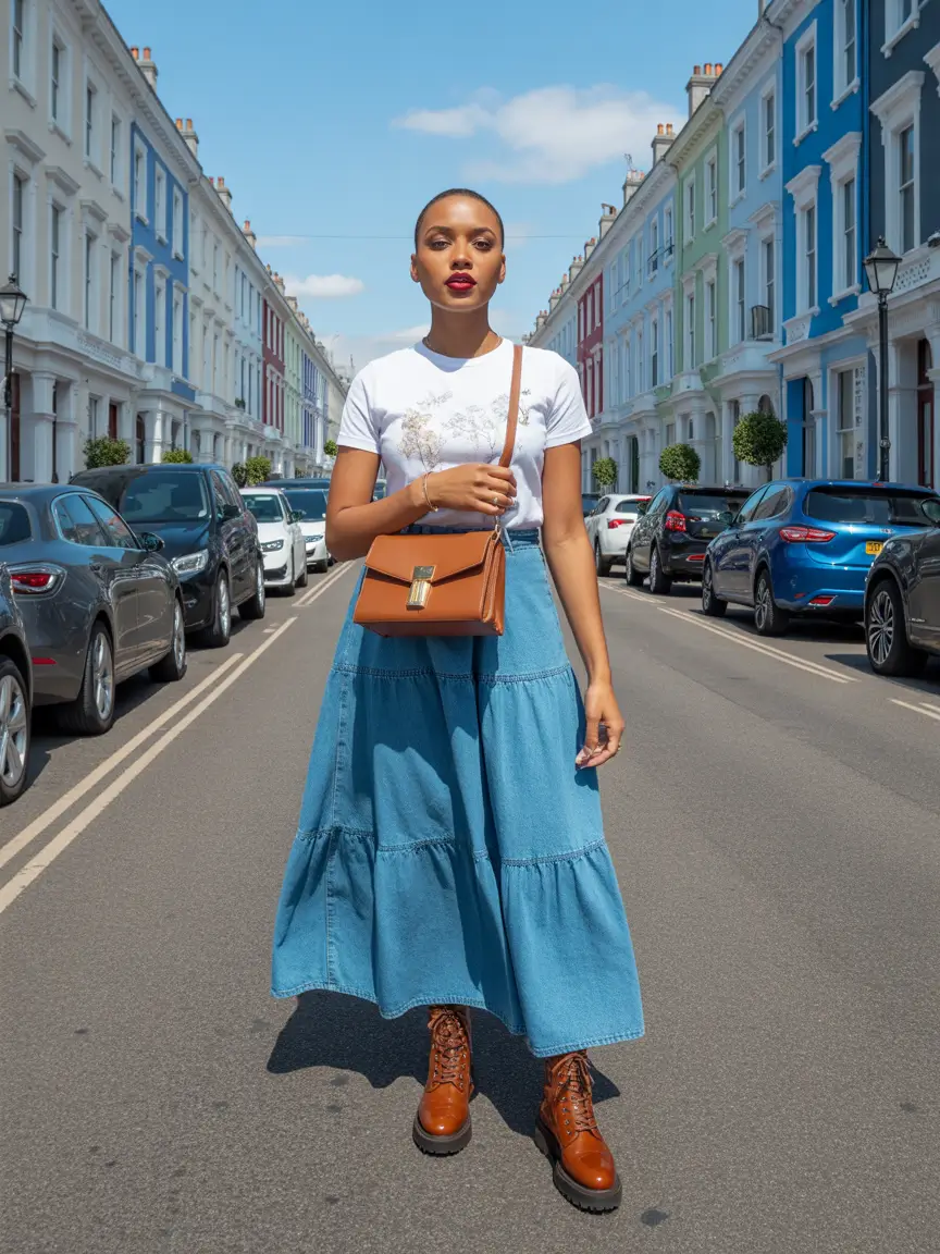 bohemian spring transition outfits 2026 vibes-denim-maxi-tee