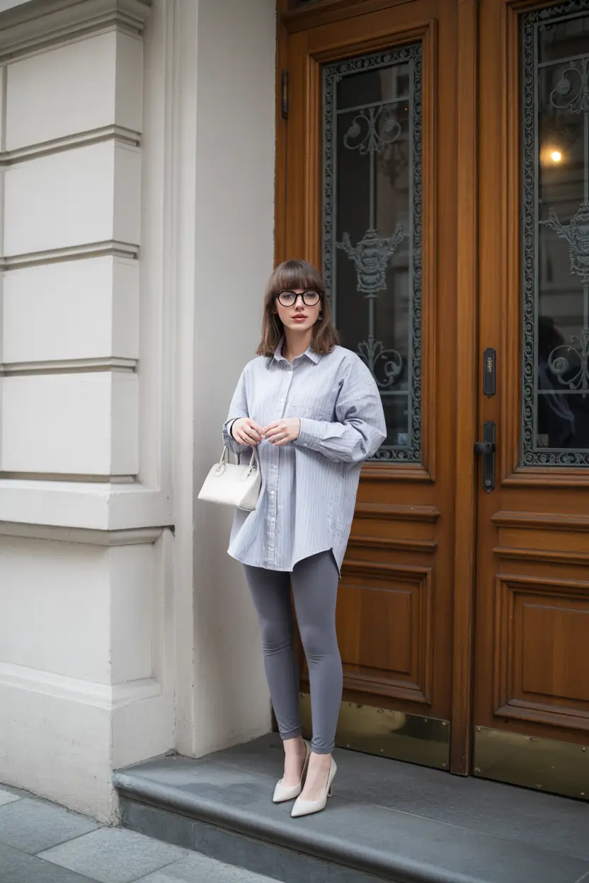 bold leggings outfit spring 2026 grey city chic