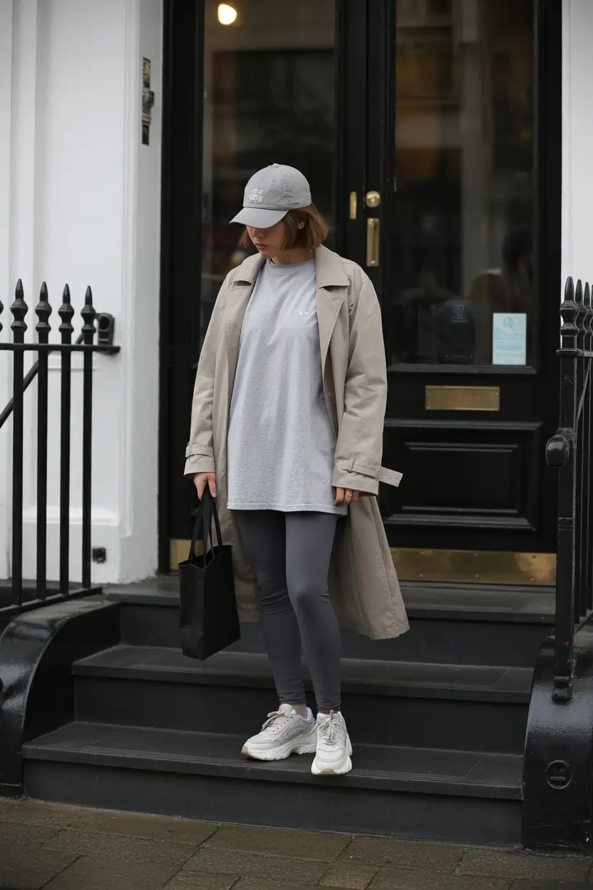 bold leggings outfit spring 2026 grey trench casual