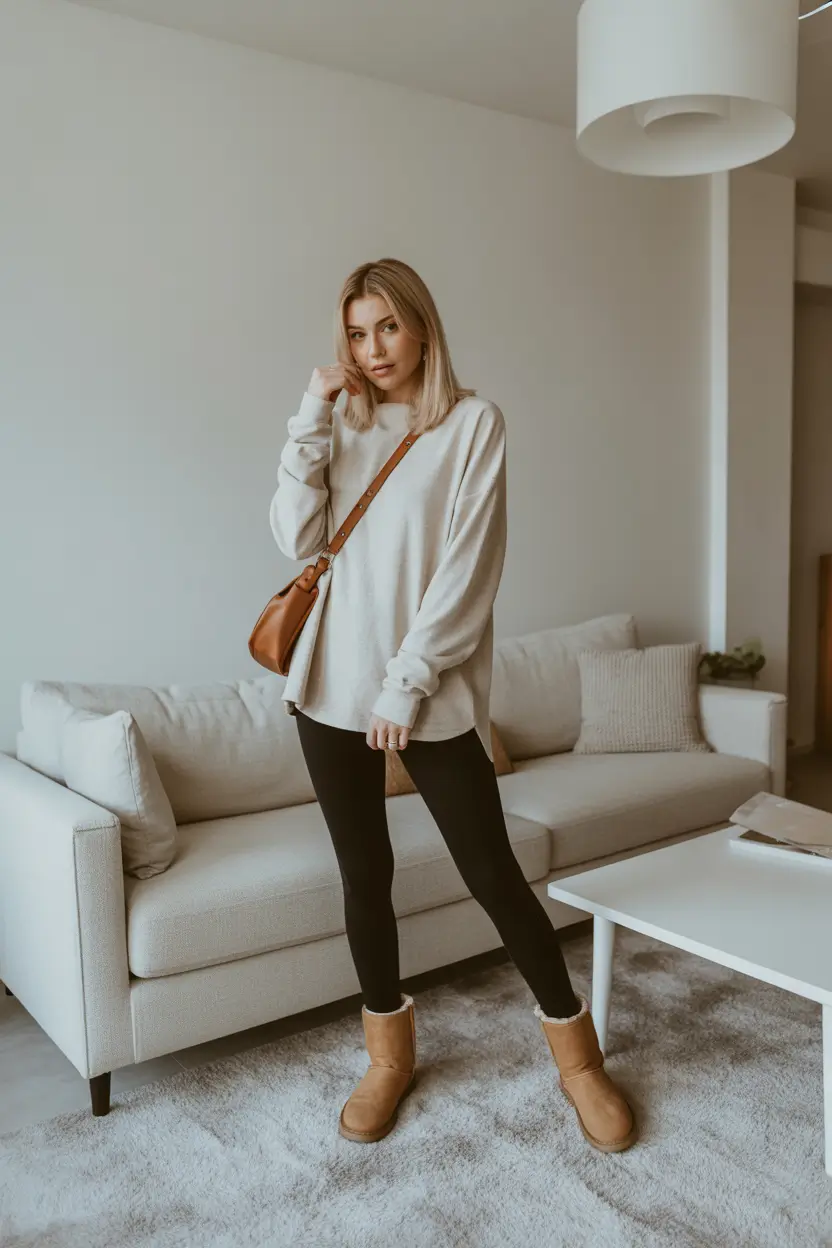 bold leggings outfit spring 2026 comfy neutral