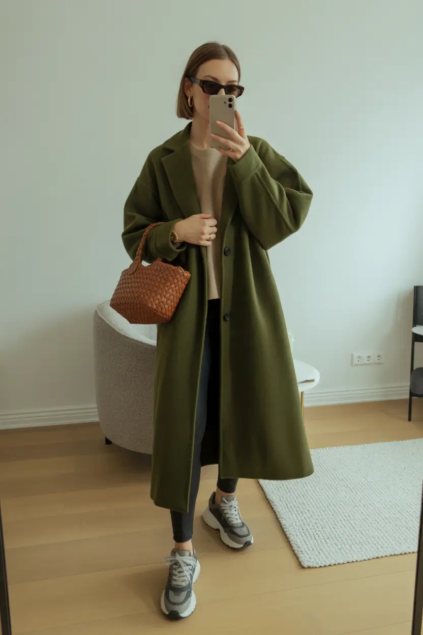 bold leggings outfit spring 2026 green coat chic