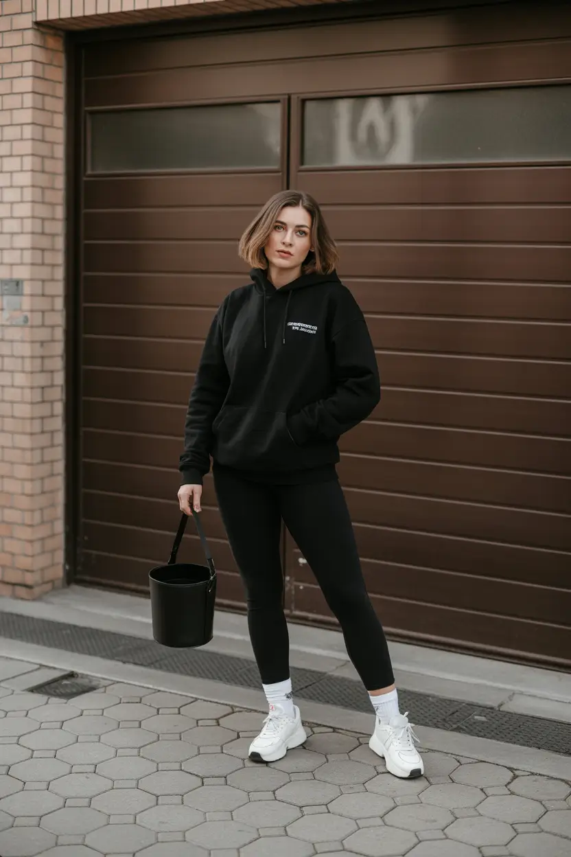 bold leggings outfit spring 2026 casual black hoodie