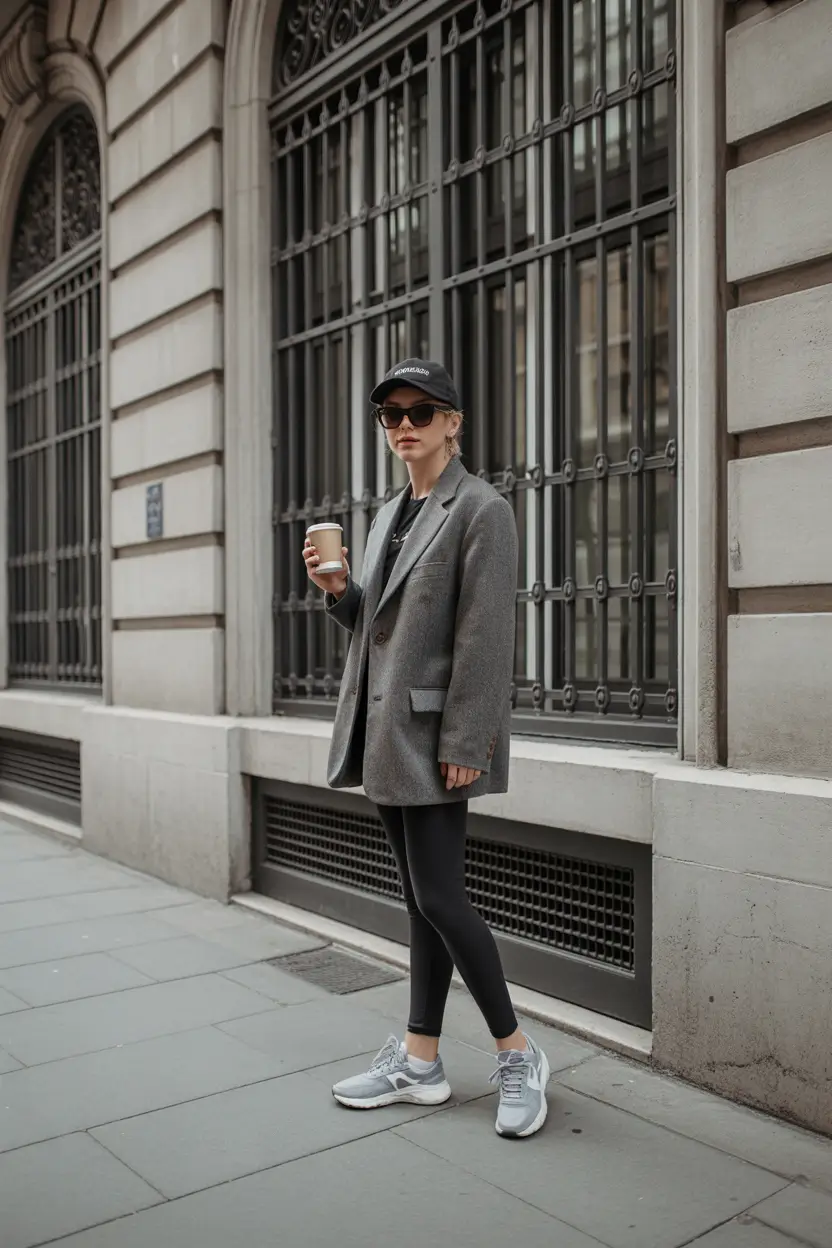 bold leggings outfit spring 2026 black blazer look