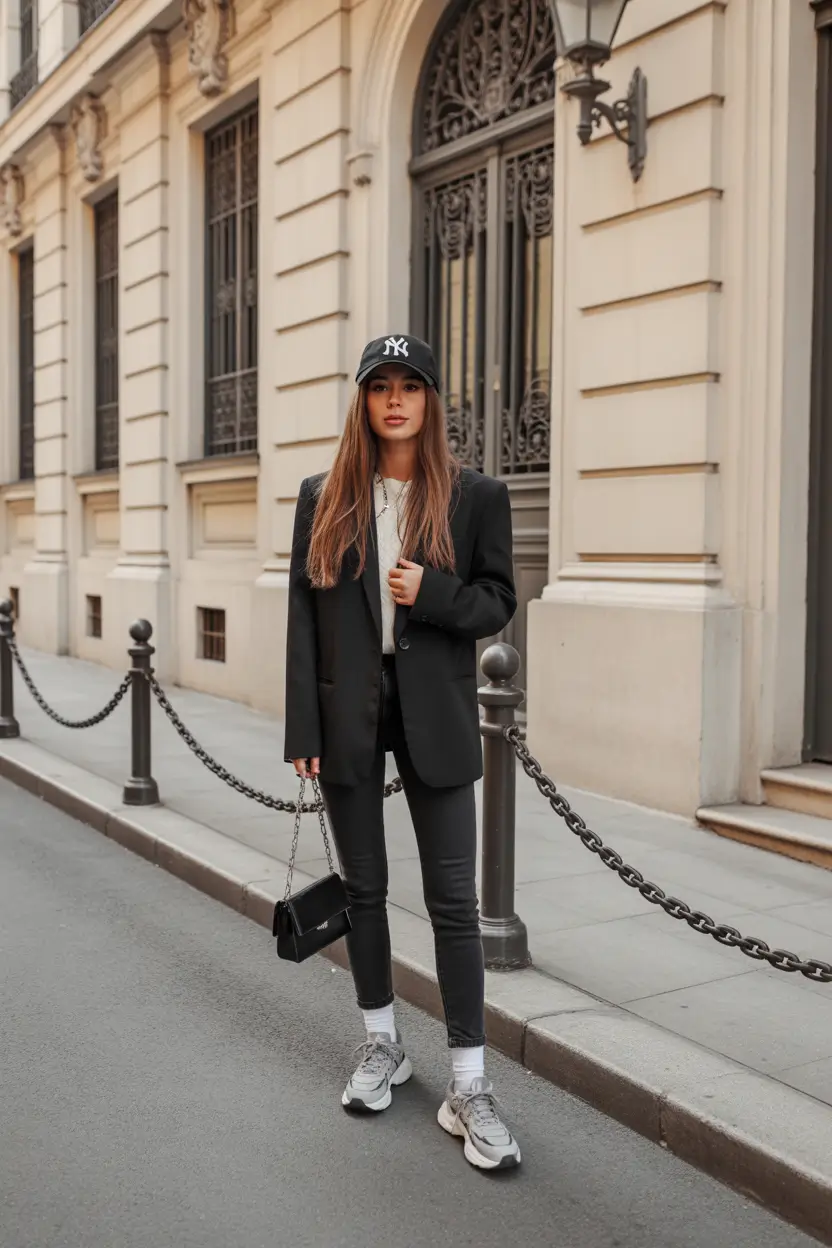 bold leggings outfit spring 2026 black casual blazer