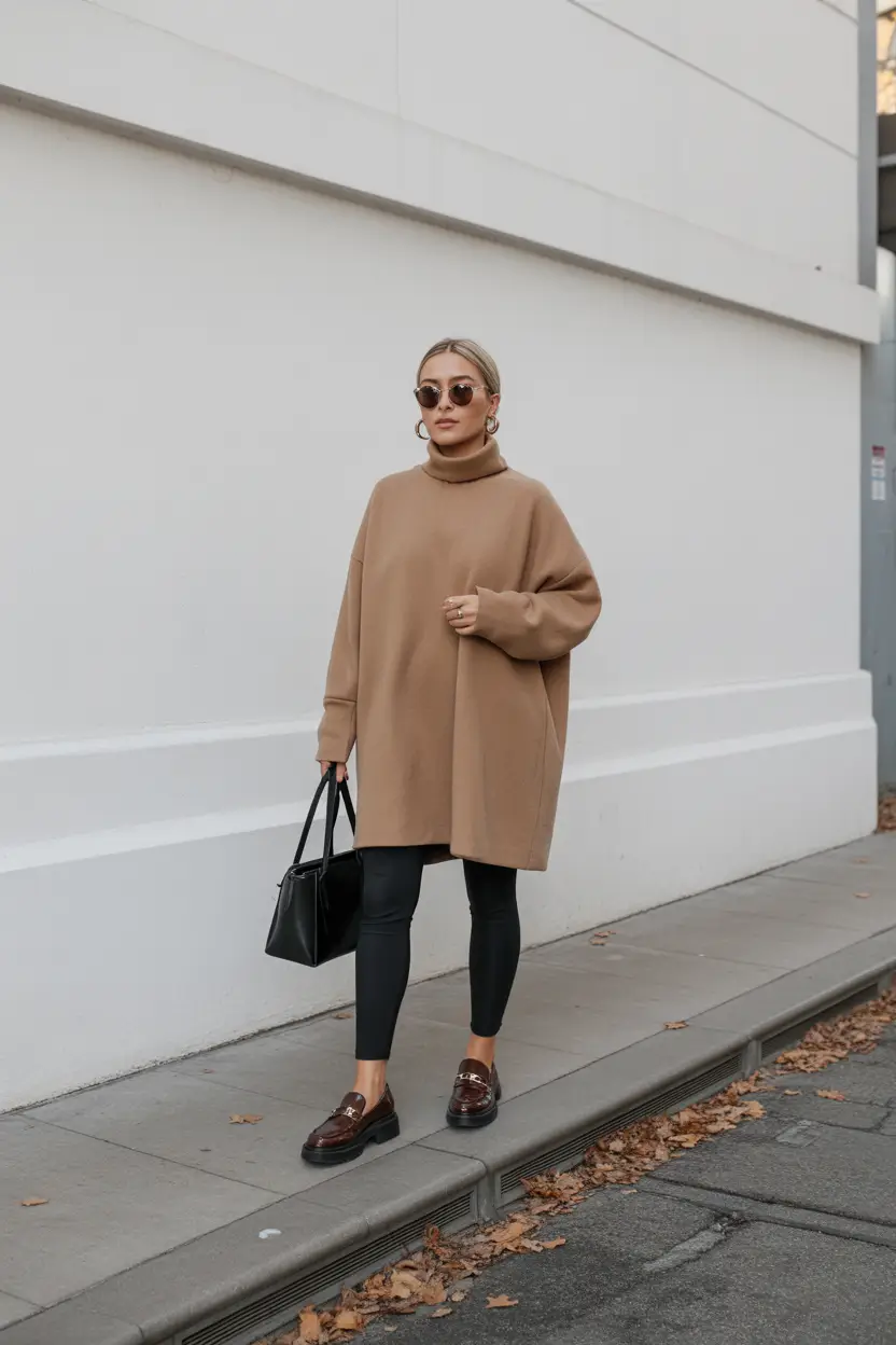 bold leggings outfit spring 2026 brown elevated