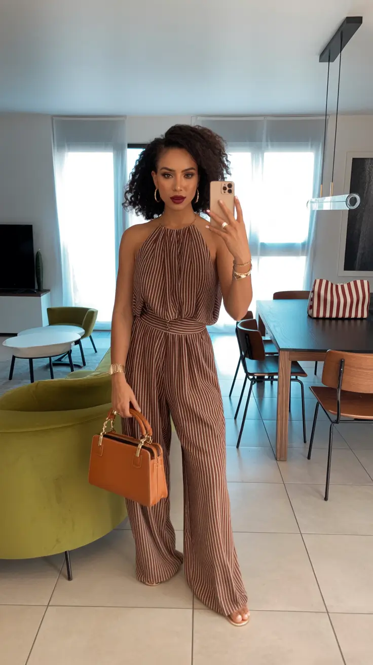 spring date night outfit dressy casual striped jumpsuit