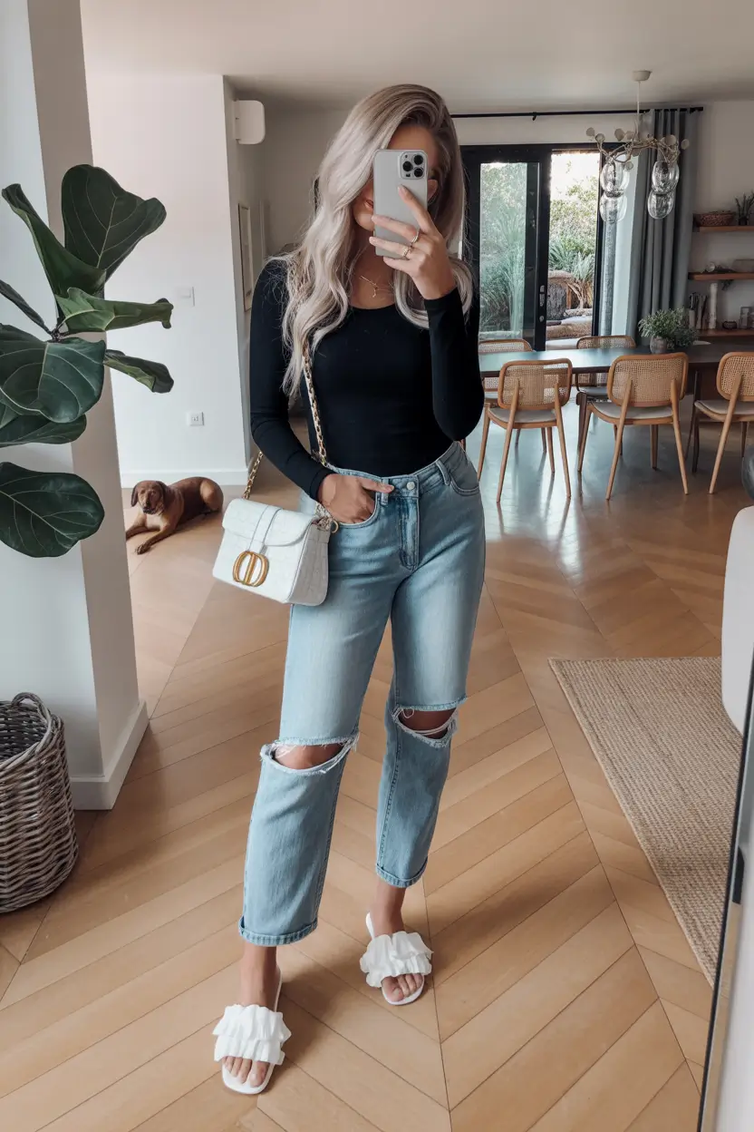 spring date night outfit casual jeans black top