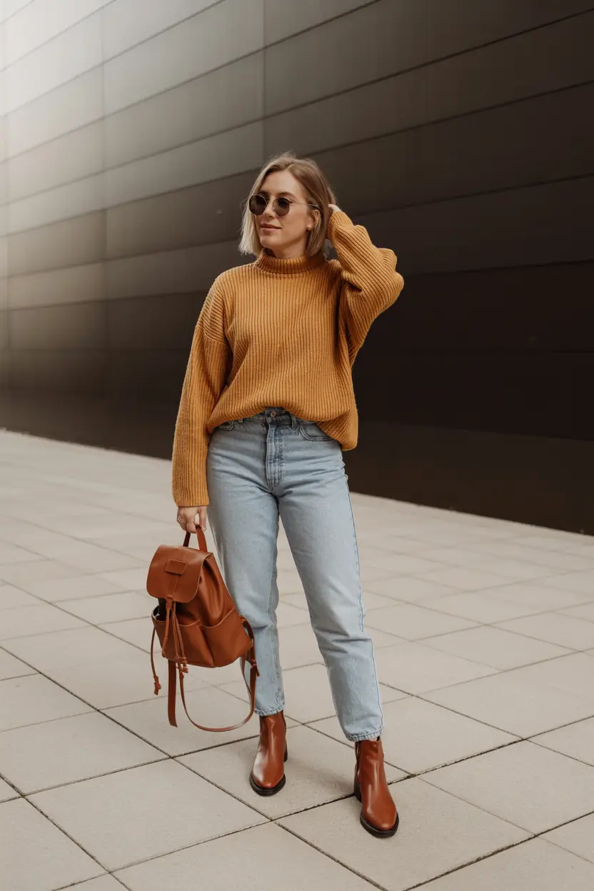 bold spring jeans outfit 2026 warm knits and light denim for transitional spring weather