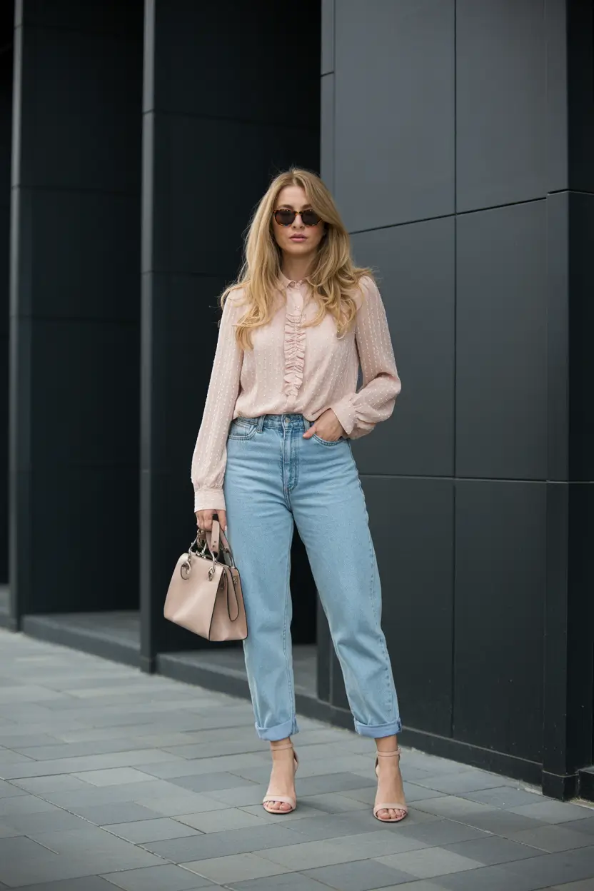 bold spring jeans outfit 2026 soft feminine details paired with everyday denim