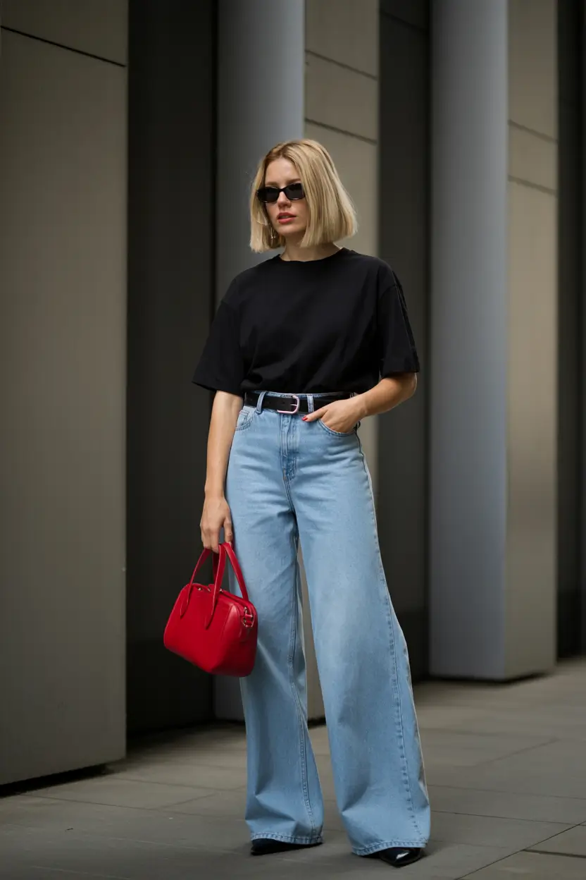 bold spring jeans outfit 2026 modern wide leg denim with strong urban energy