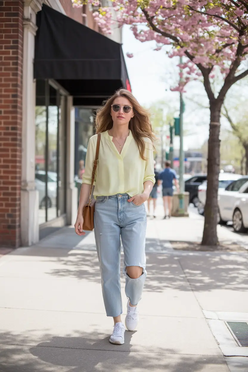bold spring jeans outfit 2026 light denim and soft pastels for everyday spring confidence