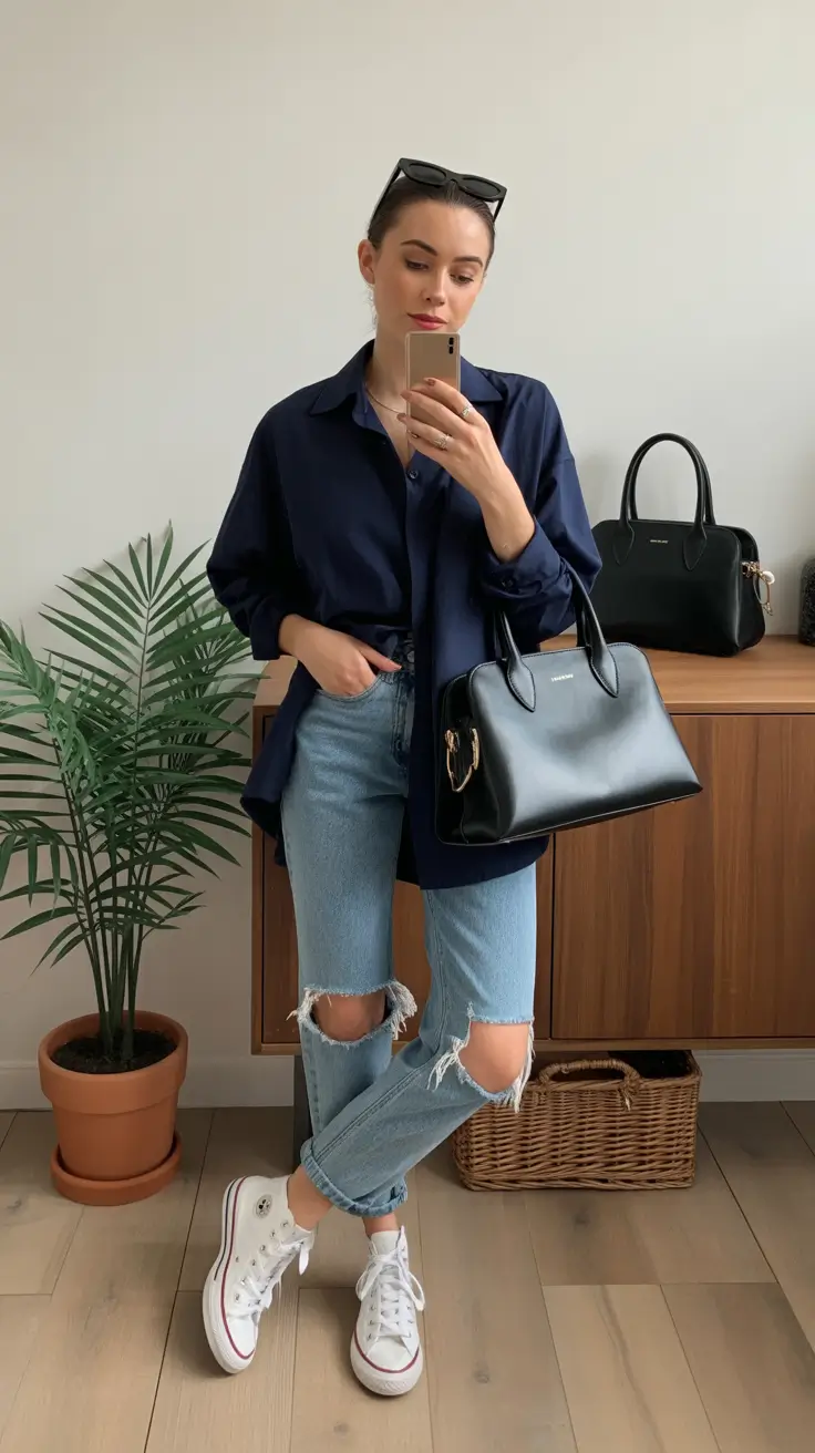 bold spring outfits 2026 trends Relaxed Navy Layers With Street Style Attitude