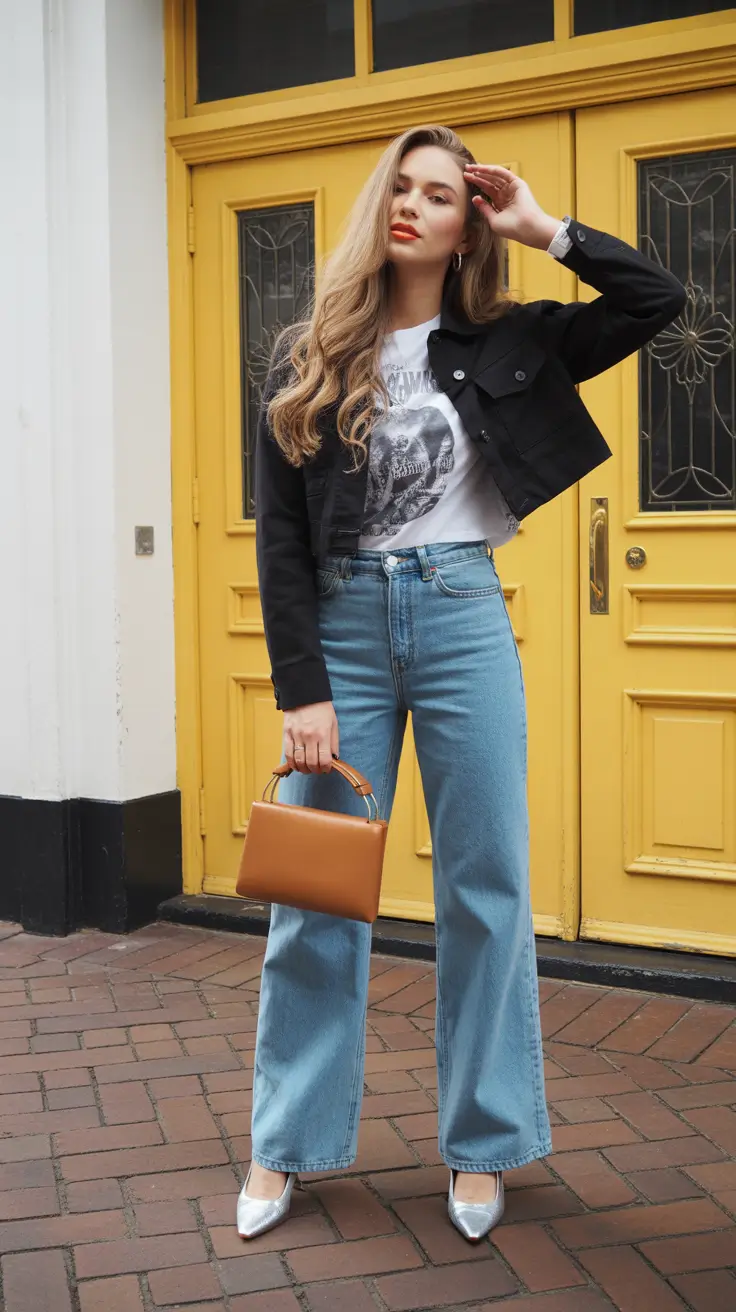 bold spring outfits 2026 trends Graphic Edge Meets Feminine Denim Balance