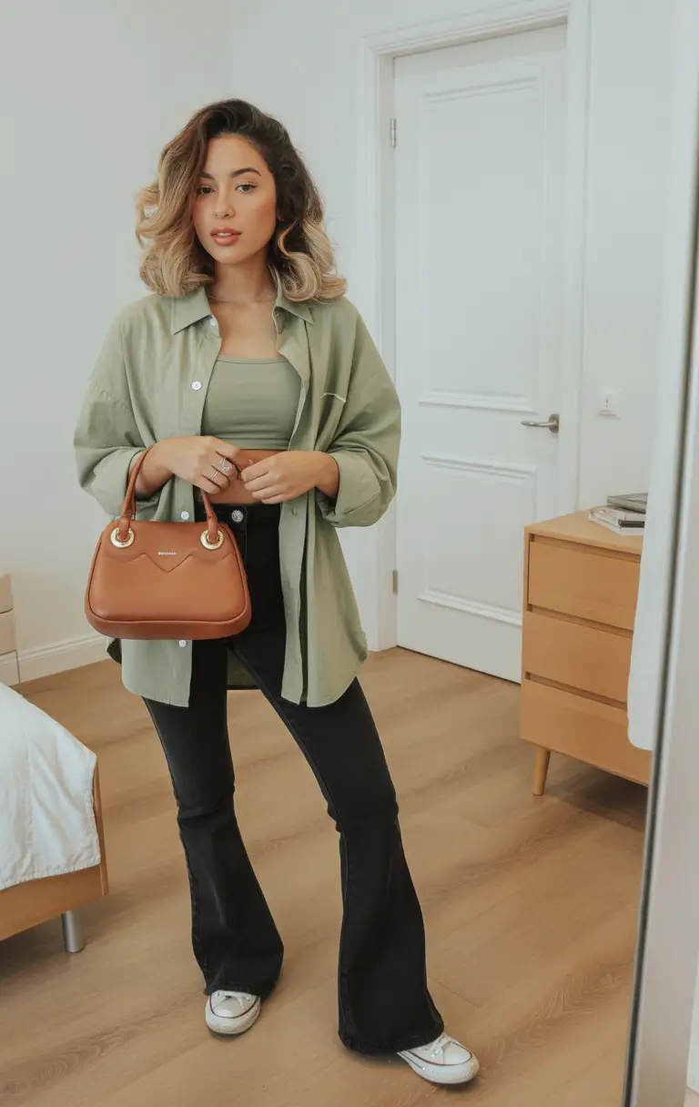 winter to spring outfits 2026 Earthy Greens and Black Denim Balance