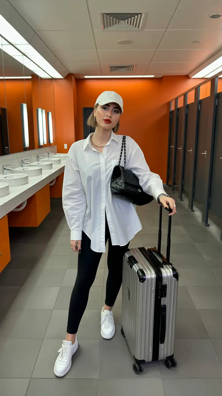 comfy airport spring outfits 2026 crisp white layered travel look