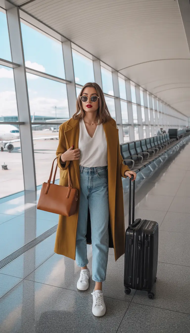 comfy airport spring outfits 2026 denim and coat travel style