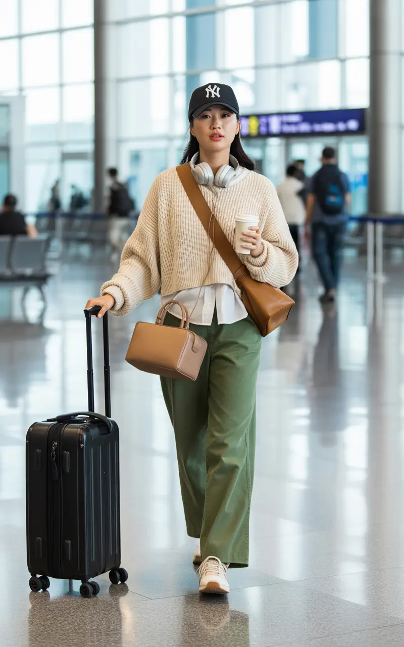 comfy airport spring outfits 2026 knit and utility travel look