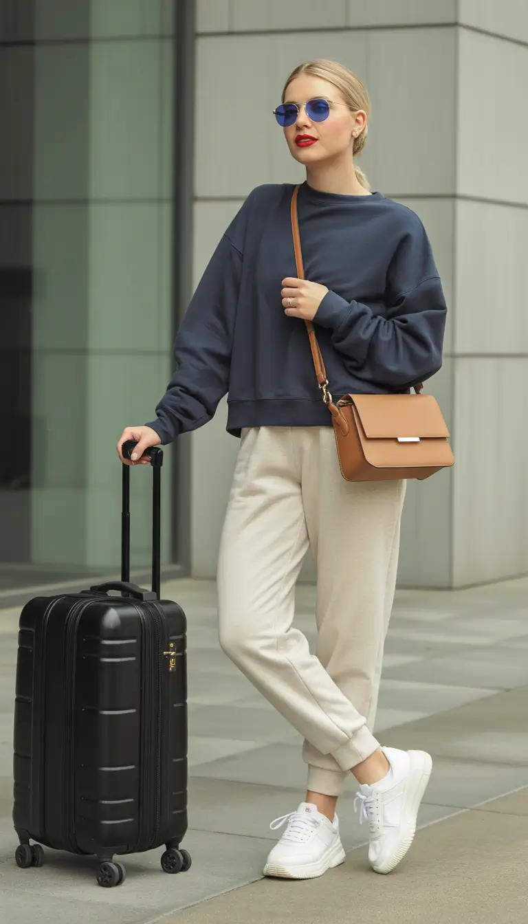 comfy airport spring outfits 2026 soft sweatshirt jogger travel look