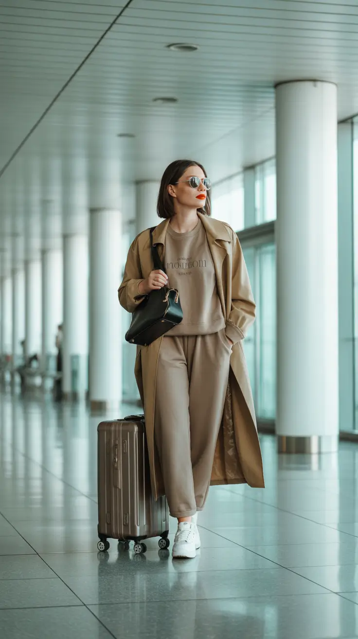 comfy airport spring outfits 2026 trench and soft set travel look