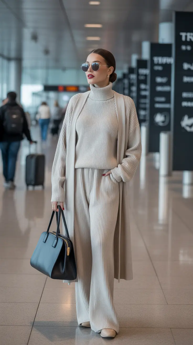 comfy airport spring outfits 2026 ribbed neutral elevated travel style